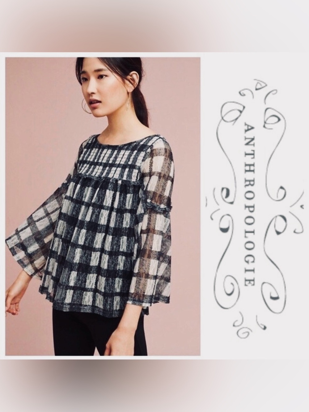 Anthropologie Akemi + Kin "Patrizia" Plaid Lace Blouse in Black & Ivory size S